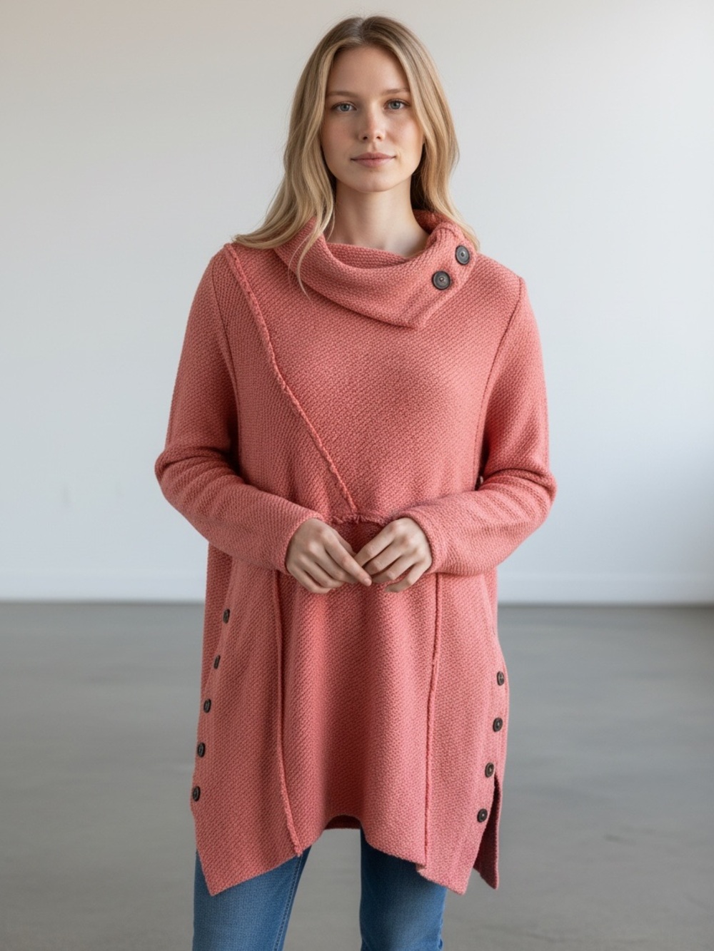 Soft Surroundings Coral Asymmetrical Cowl Neck Button Accent Knit Sweater Large‎